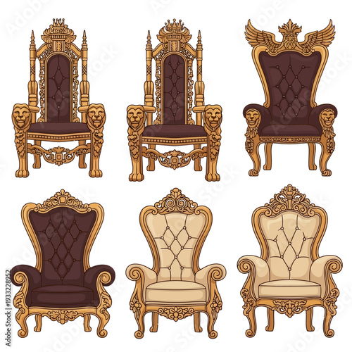 Ornate regal thrones and chairs with detailed carvings and plush upholstery