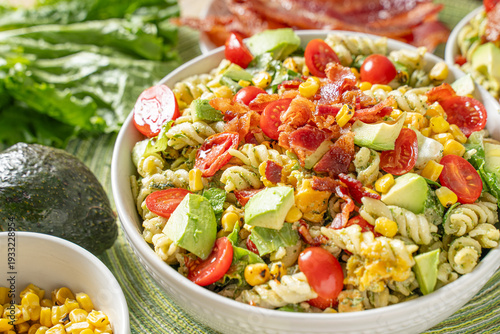 Bild auf Leinwand Summer picnic cookout food. BLT pasta salad side dish