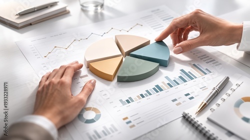 Investment portfolio pie chart model. Asset allocation analysis on report. Financial planning documents in light colors. Portfolio diversification strategy concept. Stock market performance charts. 