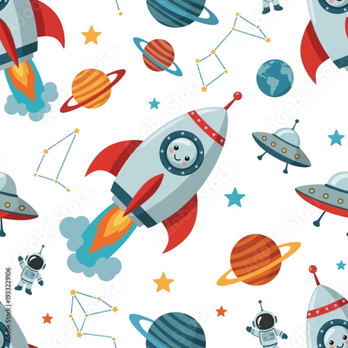 Cute cartoon rockets planets and astronauts in a seamless space pattern