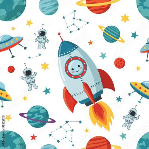 Cute cartoon space pattern featuring planets rockets and astronauts