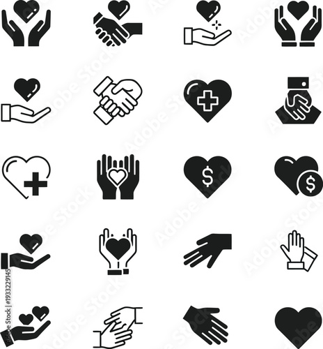 Black icons of hands and hearts on white background