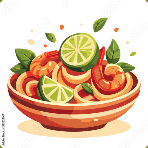 Vector illustration of traditional Thai pad thai noodles with shrimp, lime slices, and green leaves in a bowl, isolated on a white background