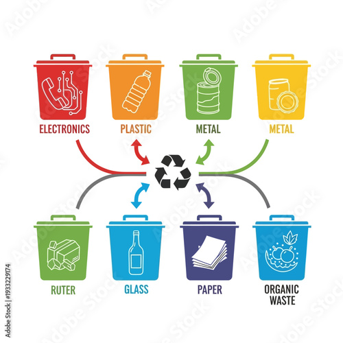 Colorful recycling bins illustrate waste separation for environmental sustainability