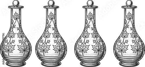 This title highlights the artistry (maple leaf motif), the subject (glass decanters), and the style (silhouette/sketch), making it both descriptive and appealing.