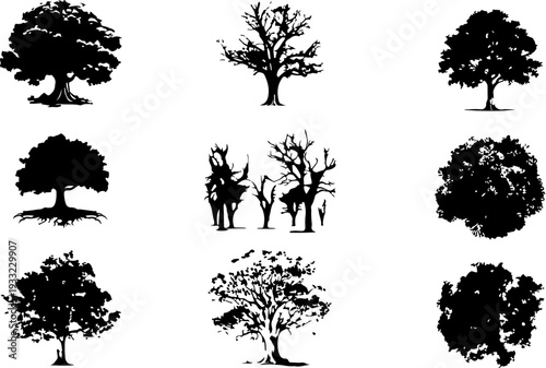 Nine black and white silhouettes of trees and people in various poses
