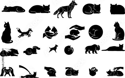 A collection of black silhouettes of various animals and insects