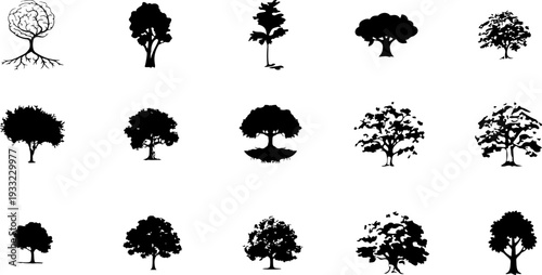 A collection of diverse black and white tree illustrations showcasing various shapes and sizes