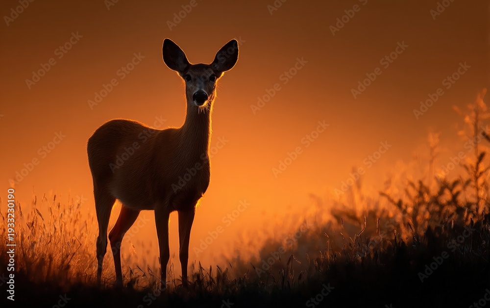 Naklejka premium Deer silhouetted against a stunning golden sunset