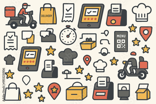 Food Delivery and Restaurant Workflow Icons Seamless Vector Pattern