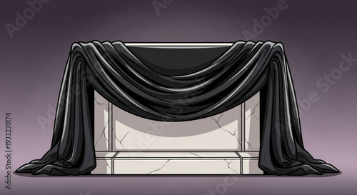 Dramatic black curtain draped over a white marble pedestal on transparent background