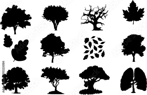Collection of various tree and leaf silhouettes in black and white