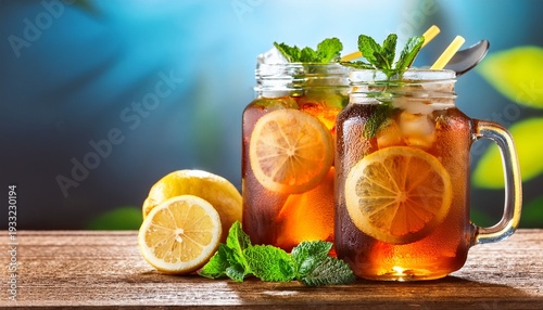 refreshing iced tea with lemon and mint in mason jar