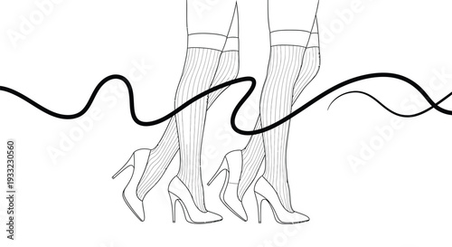 Elegant Women's Legs in High Heels & Stockings One Line Drawing with Wavy Line