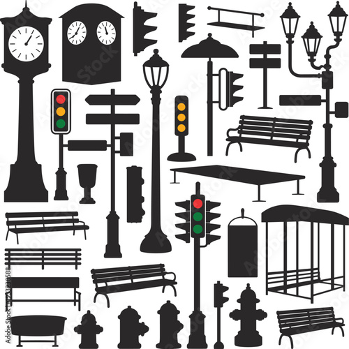 Urban street elements vector illustration, benches, traffic lights, lamp posts, street signs, fire hydrants, public furniture, city accessories