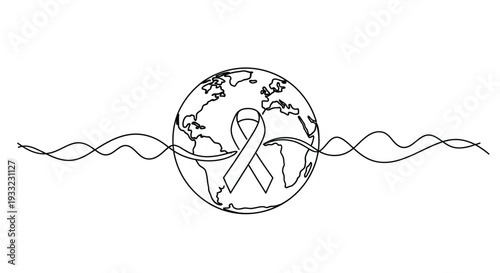 Global Awareness Single Line Art of Earth and Ribbon with Wavy Lines.