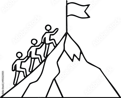 Team climbing mountain to reach flag success goal