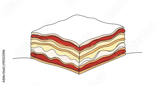 One Line Drawing of Delicious Lasagna Slice with Cheese and Sauce Layers