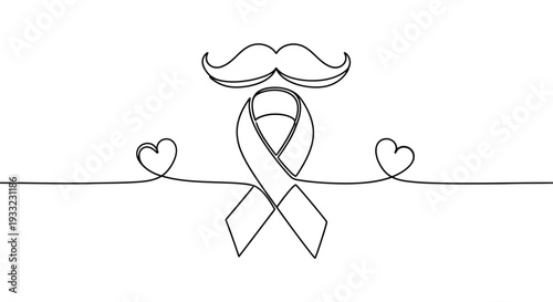 Moustache, Awareness Ribbon & Hearts One Line Art for Men's Health