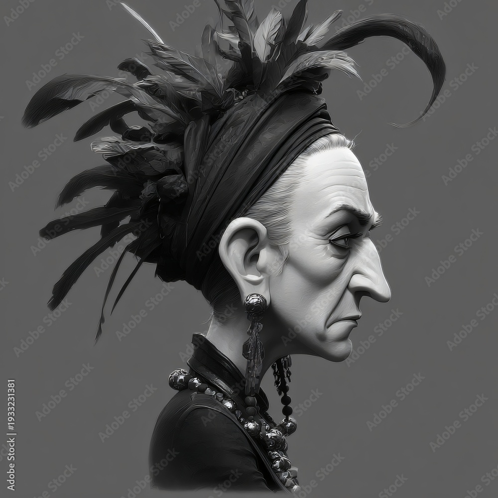 Fototapeta premium Die Karikatur einer grimmigen, älteren Frau mit Federhut in schwarz und weiß.