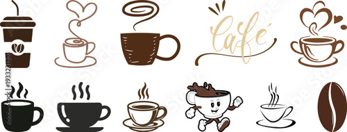 Coffee cup icon set. Disposable cup of coffee. Coffee To Go. Disposable coffee cup. Coffee paper cup set with label. Brown plastic container for drink.Doodle set of coffee drawings, handmade sketches.