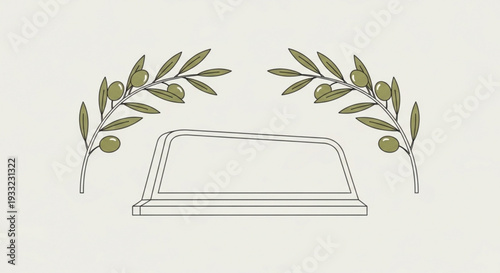 Olive branch leaves adorn a cheese board silhouette on transparent background