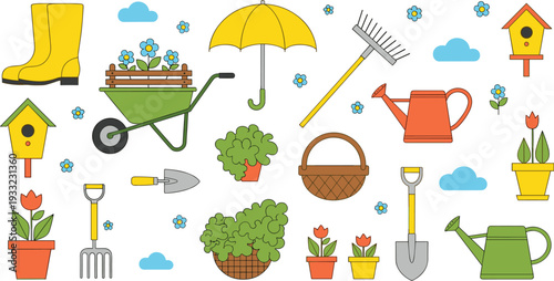 Gardening tools and spring garden elements collection, watering can wheelbarrow plants flowers and boots cartoon vector set