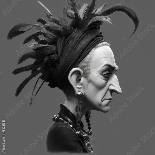 Die Karikatur einer grimmigen, älteren Frau mit Federhut in schwarz und weiß.