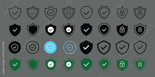 Set of security shield icons, security shields logotypes with check mark and padlock. Security shield symbols. Vector illustration