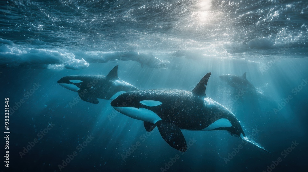 Obraz premium Pod of orcas swimming gracefully beneath Arctic sea ice, illuminated by filtered blue daylight, showcasing dramatic underwater wildlife in a cool monochrome palette