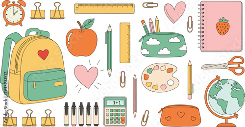 School supplies and backpack collection, stationery education icons with notebook calculator globe and pencil case vector set