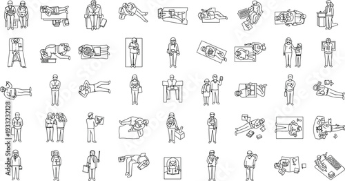 Vector illustration of people in restaurant, chef and waiter standing, customers sitting, drinking coffee, chatting, modern cafe interior, minimal line art character design