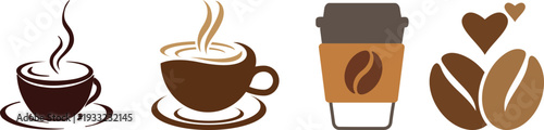 Coffee cup icon set. Disposable cup of coffee. Coffee To Go. Disposable coffee cup. Coffee paper cup set with label. Brown plastic container for drink.Doodle set of coffee drawings, handmade sketches.