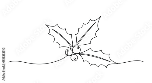 Continuous Line Drawing of Holly Berries and Leaves for Christmas Holiday