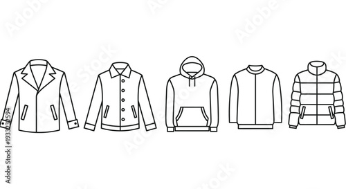 Line art icons set of various winter jackets hoodies and parkas