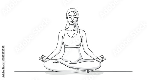 Continuous line drawing of a woman in lotus yoga pose meditating