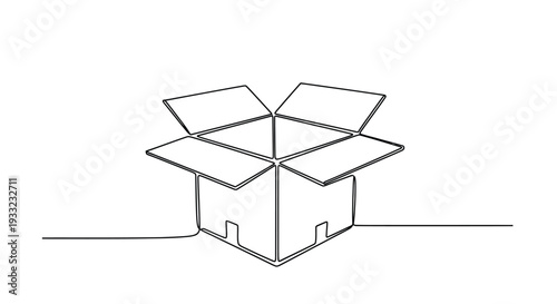 Continuous one line drawing of open cardboard box for unboxing package