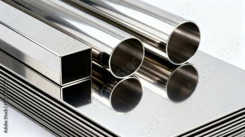 Shiny Metallic Square and Round Tubes With Stacked Flat Sheets Reflecting Brightly on a White Surface for Commercial Display of Industrial Materials and Construction Supplies