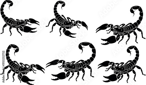 Collection of black scorpion silhouettes in various poses including defensive, crawling, and overhead views,