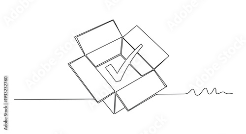 Checkmark Inside Open Box One Line Drawing Completion and Quality Control Concept