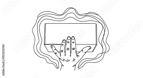 Hand holding rectangular box with energy waves in continuous line art
