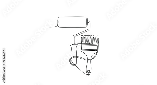 Paint roller and brush set in minimalist continuous line illustration