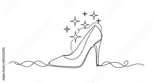 Sparkling high heel shoe in continuous line drawing for magic and fashion concept