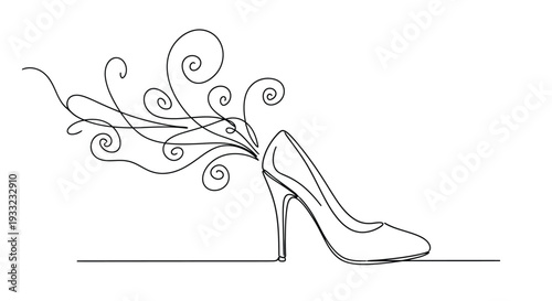 Minimalist continuous line drawing of elegant high heel shoe with decorative swirls
