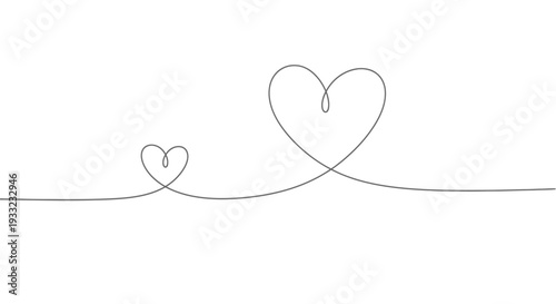 One line drawing of two hearts of different sizes connected for love and partnership