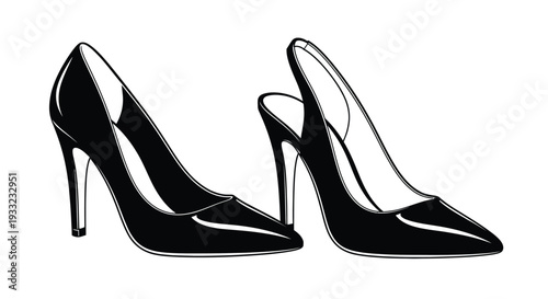 Graphic black and white illustration of two stylish high heel shoes for fashion design