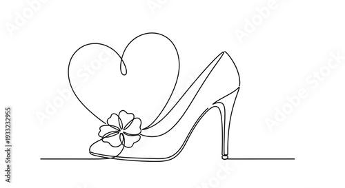 Romantic continuous line drawing of high heel shoe with flower and heart shape