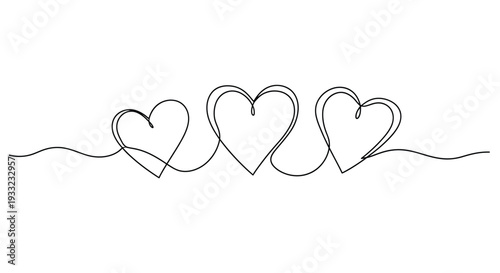 Continuous line drawing of three connected hearts for love and family concept