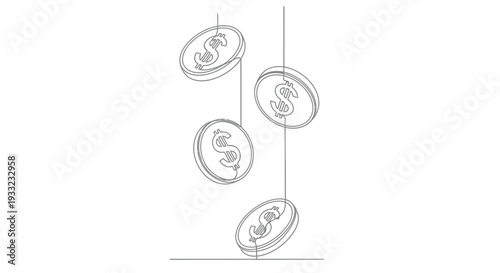 Minimalist continuous line drawing of falling dollar coins for finance concept
