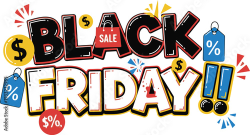 Black Friday Sale Typography with Shopping Bags, Discount Tags, Percentage Symbols, and Golden Currency Coins on White Background for Retail Promotion and Marketing Concept Graphic